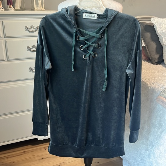 Oversized Velour Tunic Top Charcoal Gray Womens Small Hoodie Pullover - Picture 9 of 11